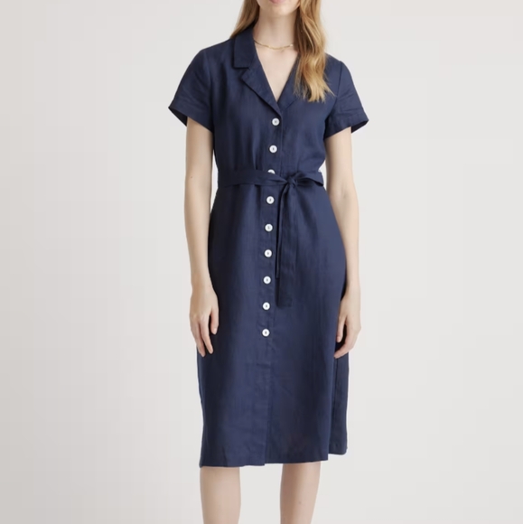 Quince Womens 100% European Linen Button Front Dress Deep Navy Basic Sleeved S - Picture 1 of 13